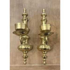 Pair Solid Brass Wall Candle Sconces Taper Holders Colonial Style Ornate Classic